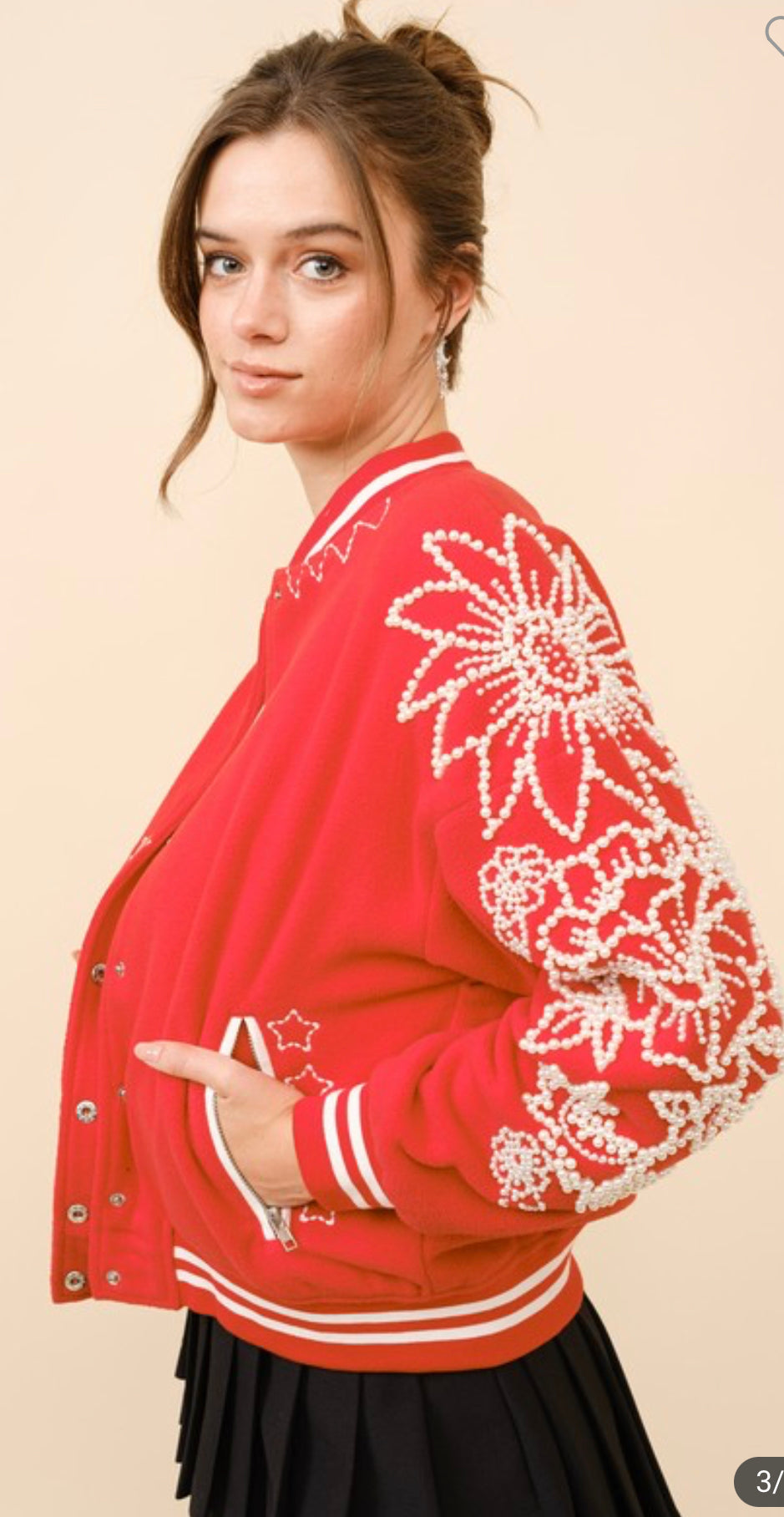 Pearl Embellished Red Bomber Jacket