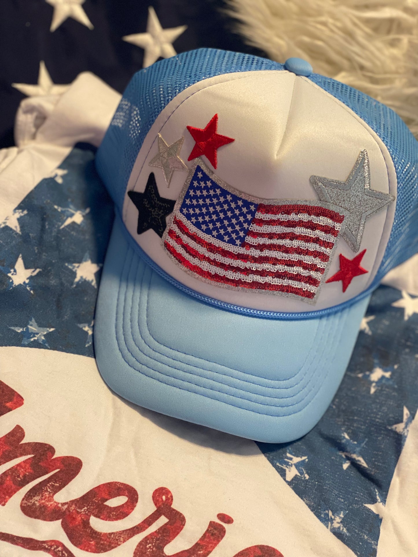 Sequined Flag and Stars Trucker Cap