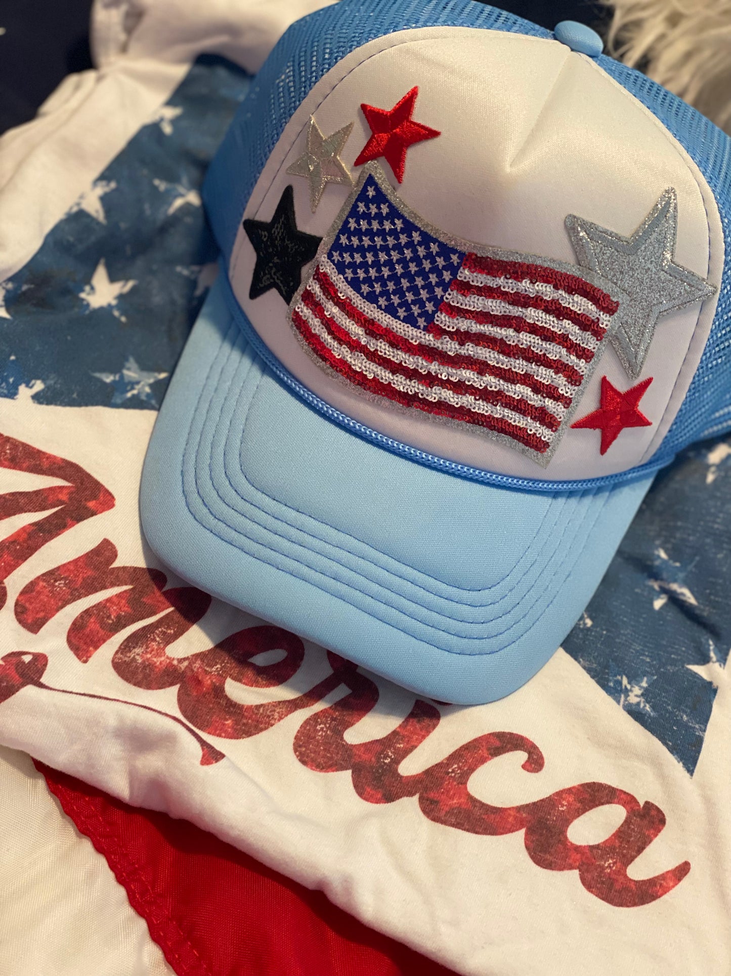 Sequined Flag and Stars Trucker Cap