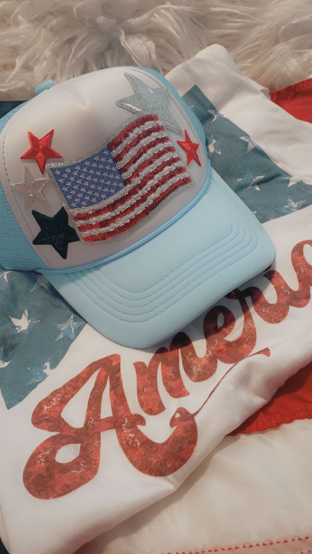 Sequined Flag and Stars Trucker Cap