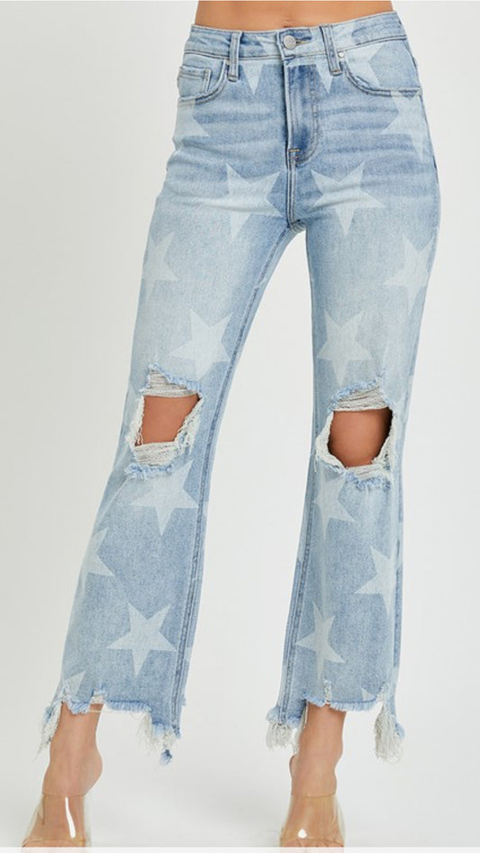 Risen Star Print Straight Crop Jeans
