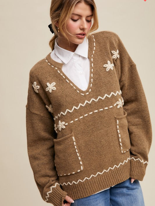 Floral Embroidered Knit Sweater