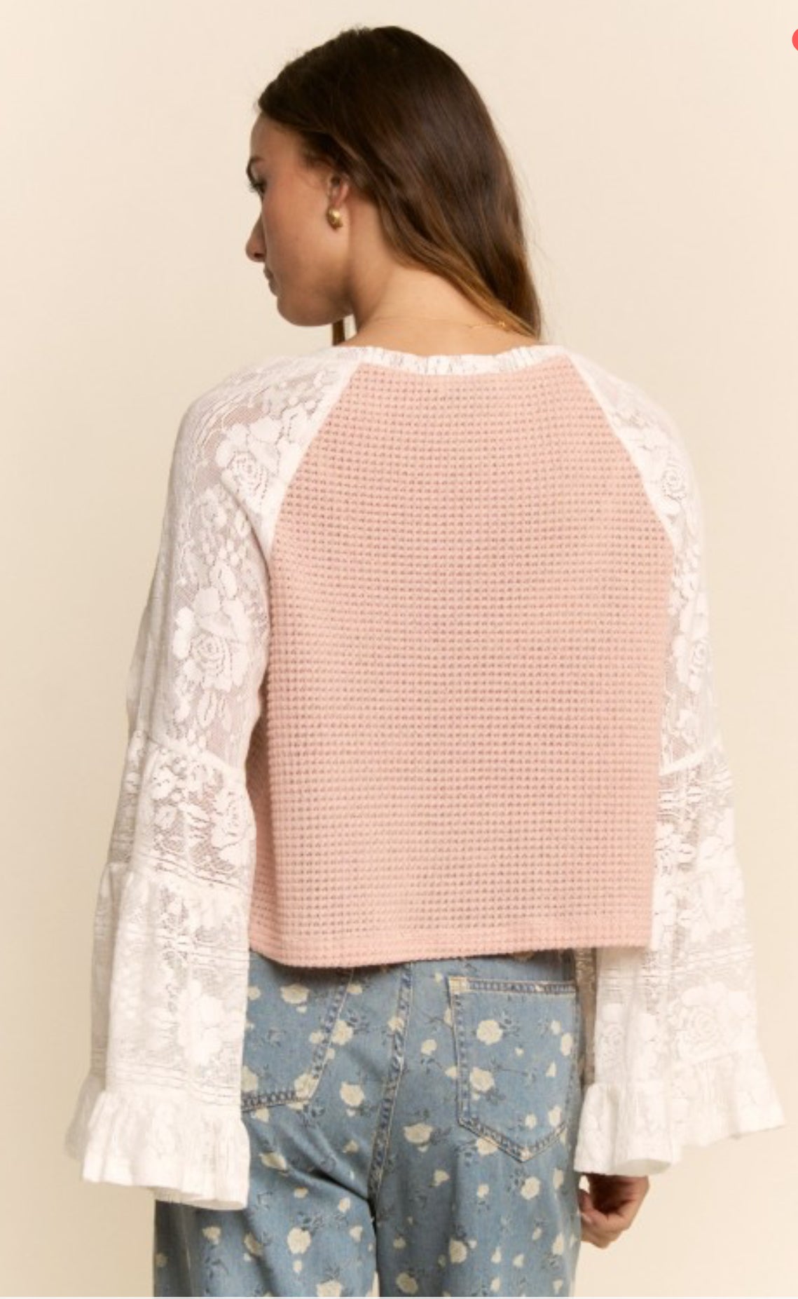 Waffle Knit Embroidered Lace Bow Top