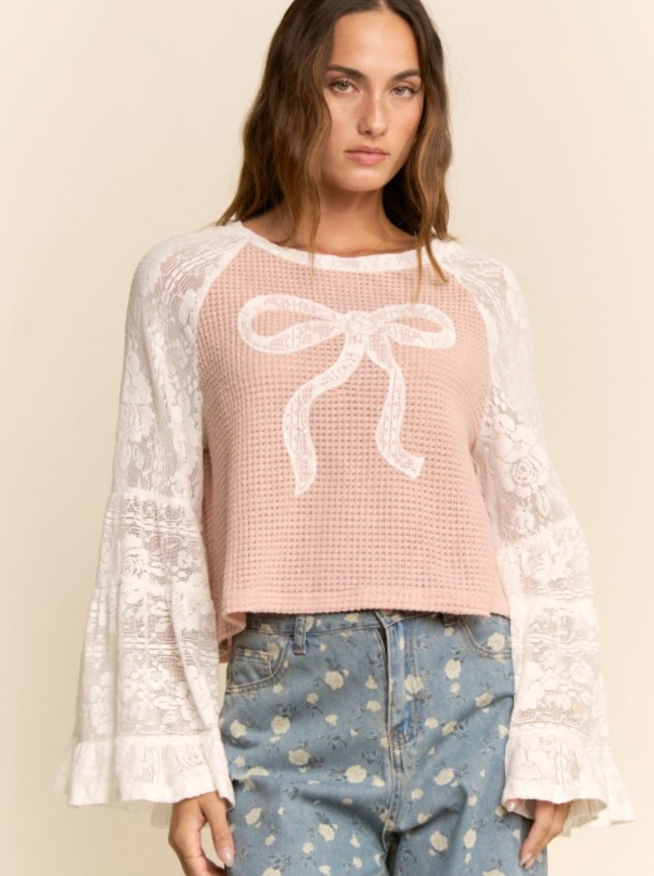 Waffle Knit Embroidered Lace Bow Top