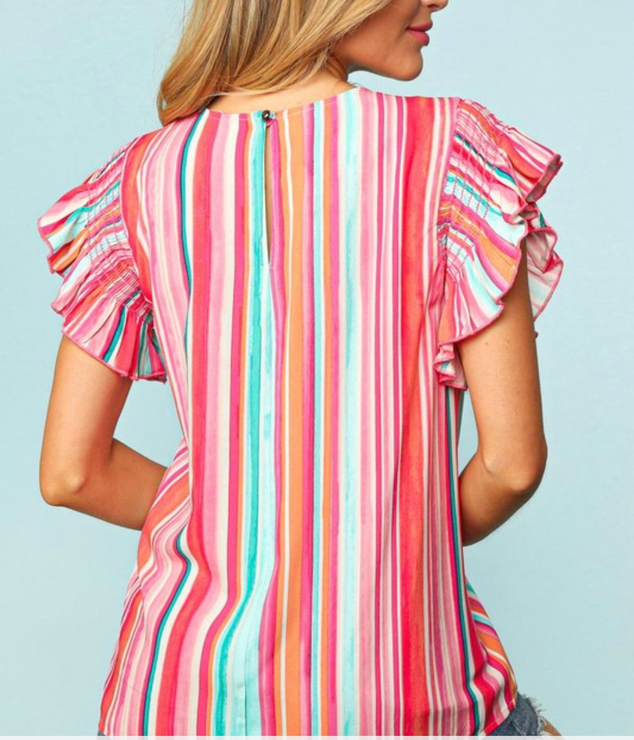 Watercolor Striped Ruffle Short Sleeve Top