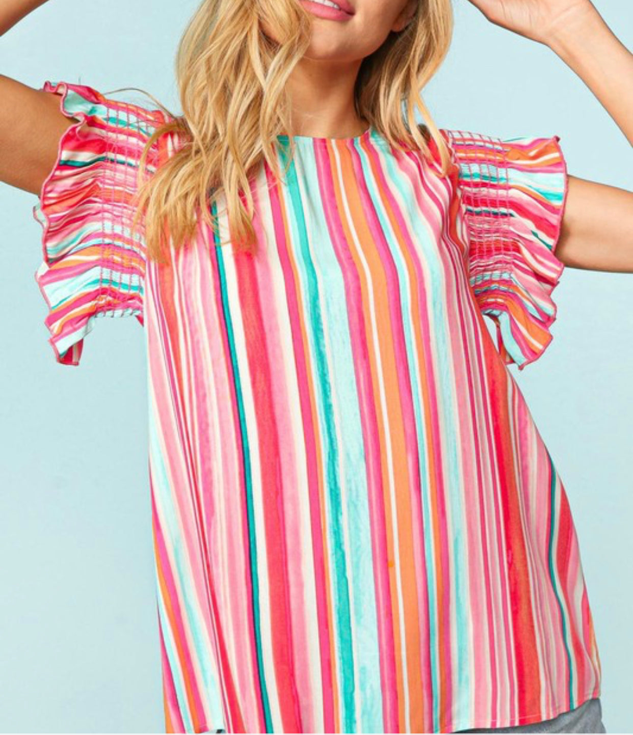 Watercolor Striped Ruffle Short Sleeve Top