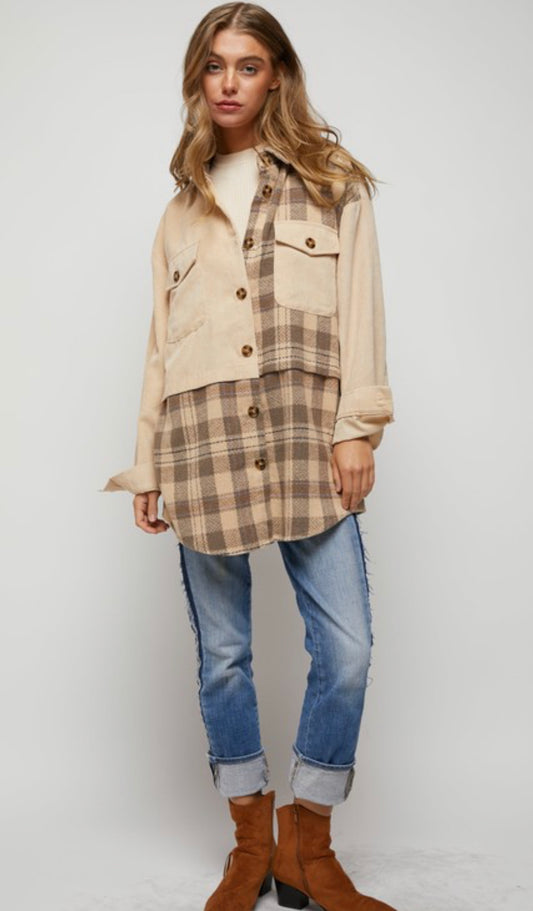 Tan Plaid and Corduroy Shacket