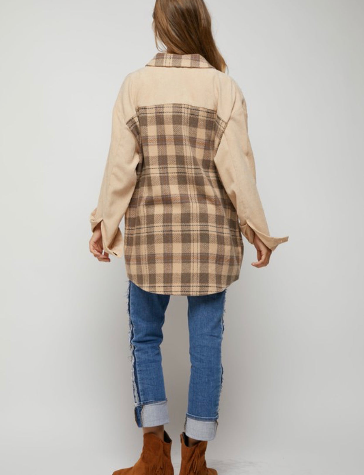 Tan Plaid and Corduroy Shacket