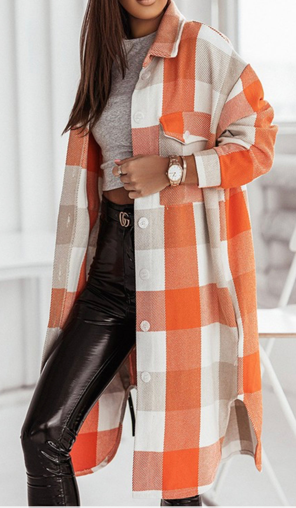 Orange Plaid Longline Shacket