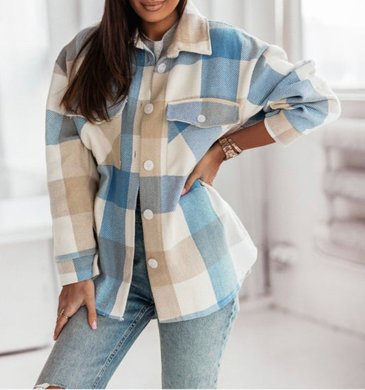 Blue and Khaki Plaid Oversized Shacket