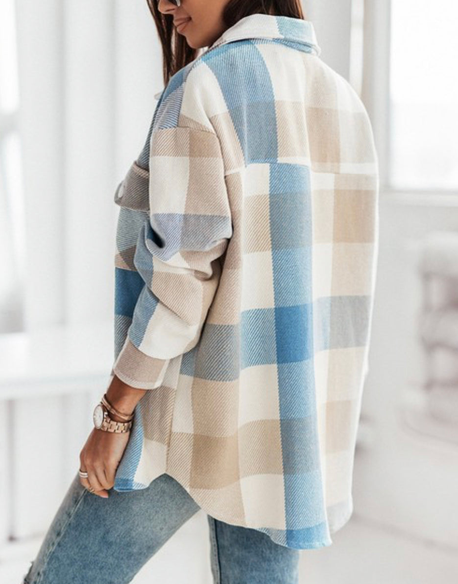 Blue and Khaki Plaid Oversized Shacket