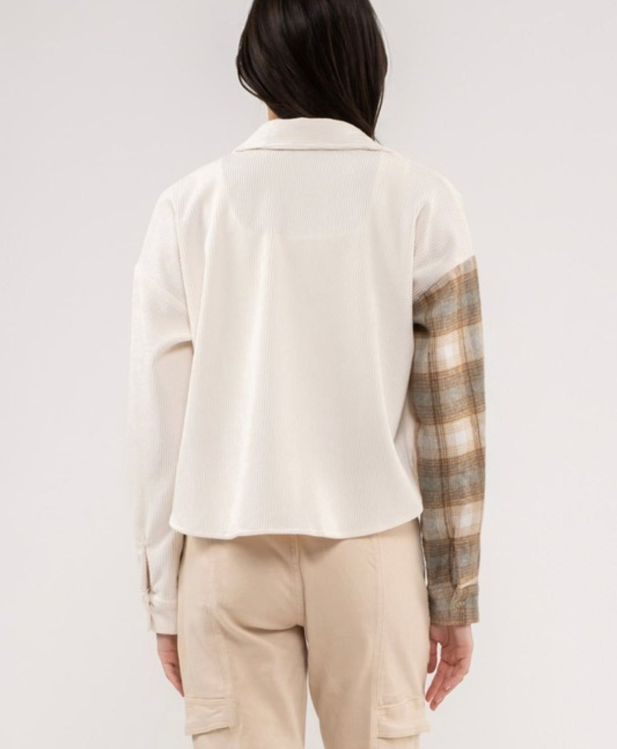 Cream Cropped Plaid and Corduroy Shacket