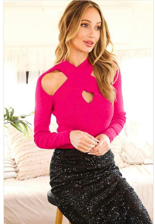 Long Sleeve Cross Halter Neck Knit Top