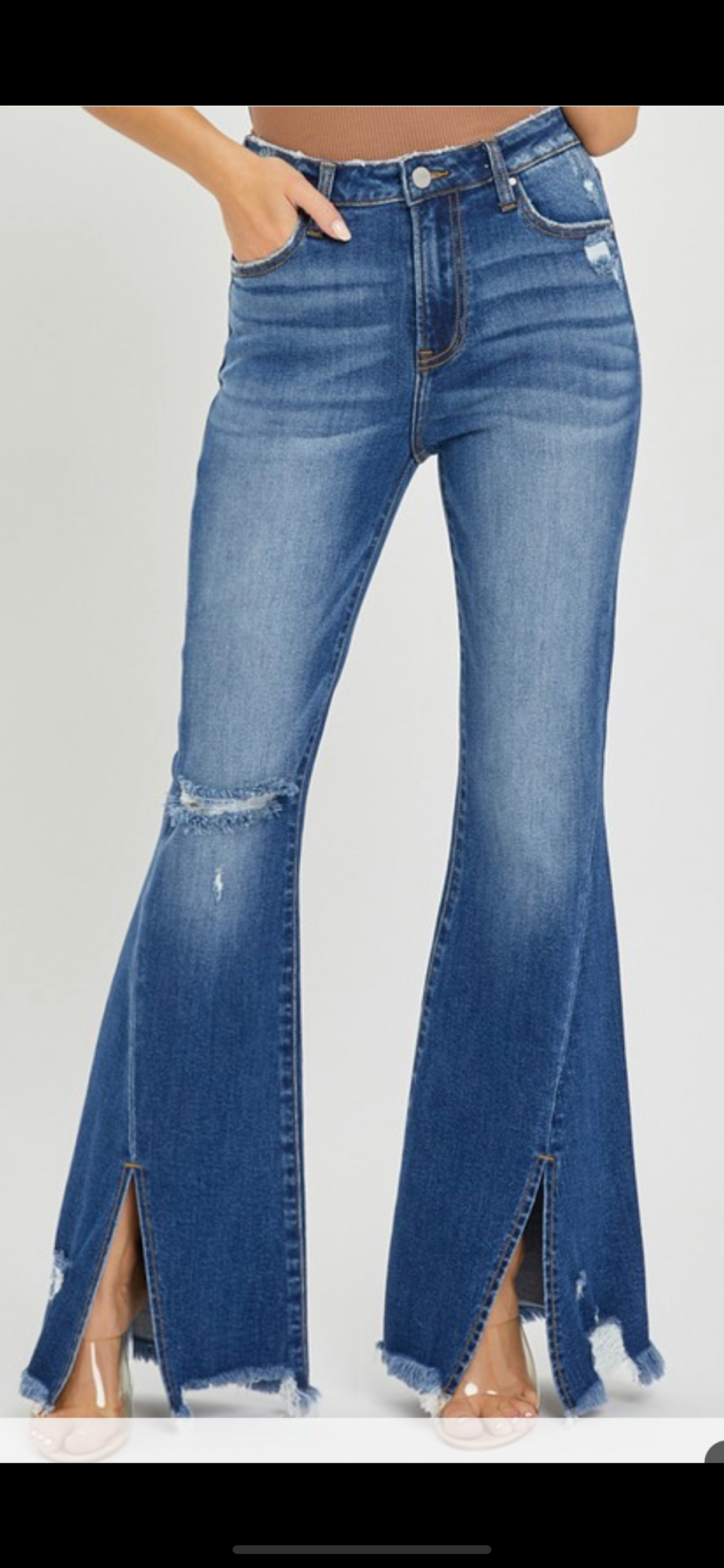 Risen Front Slit Flare Jeans