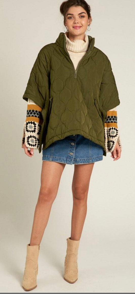 Olive Half-Zip Poncho Jacket