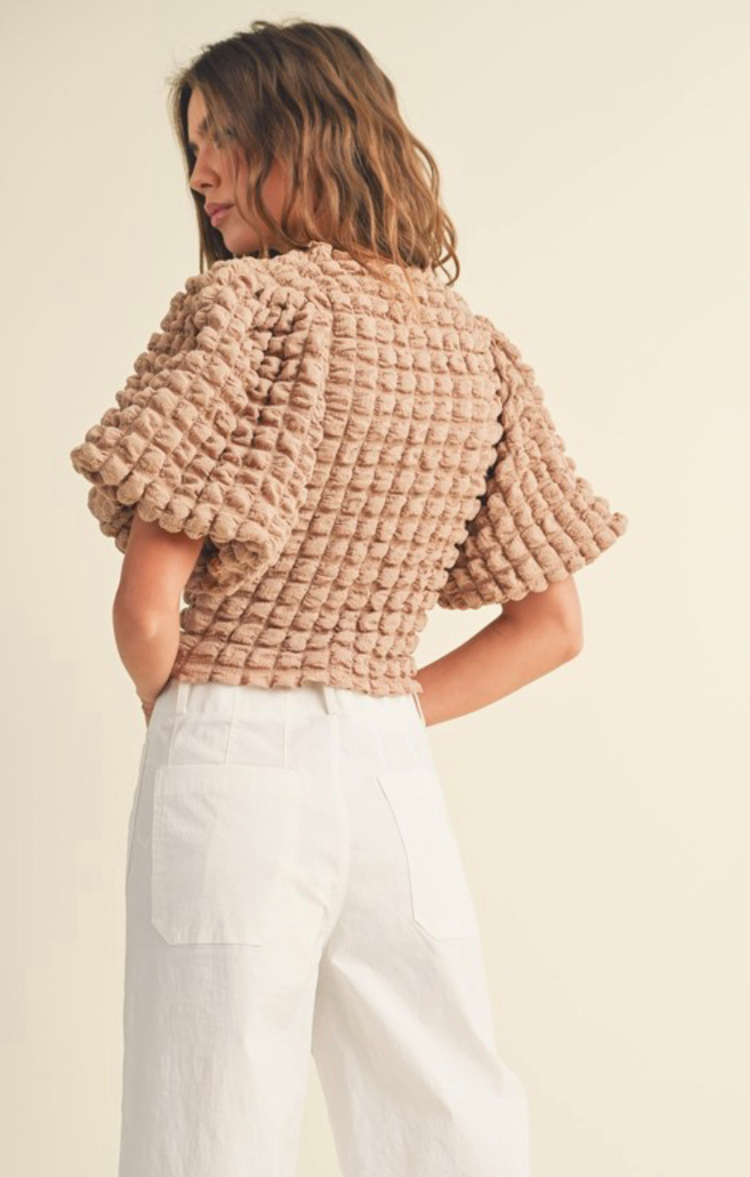 Texture Fabric Balloon Sleeve Top