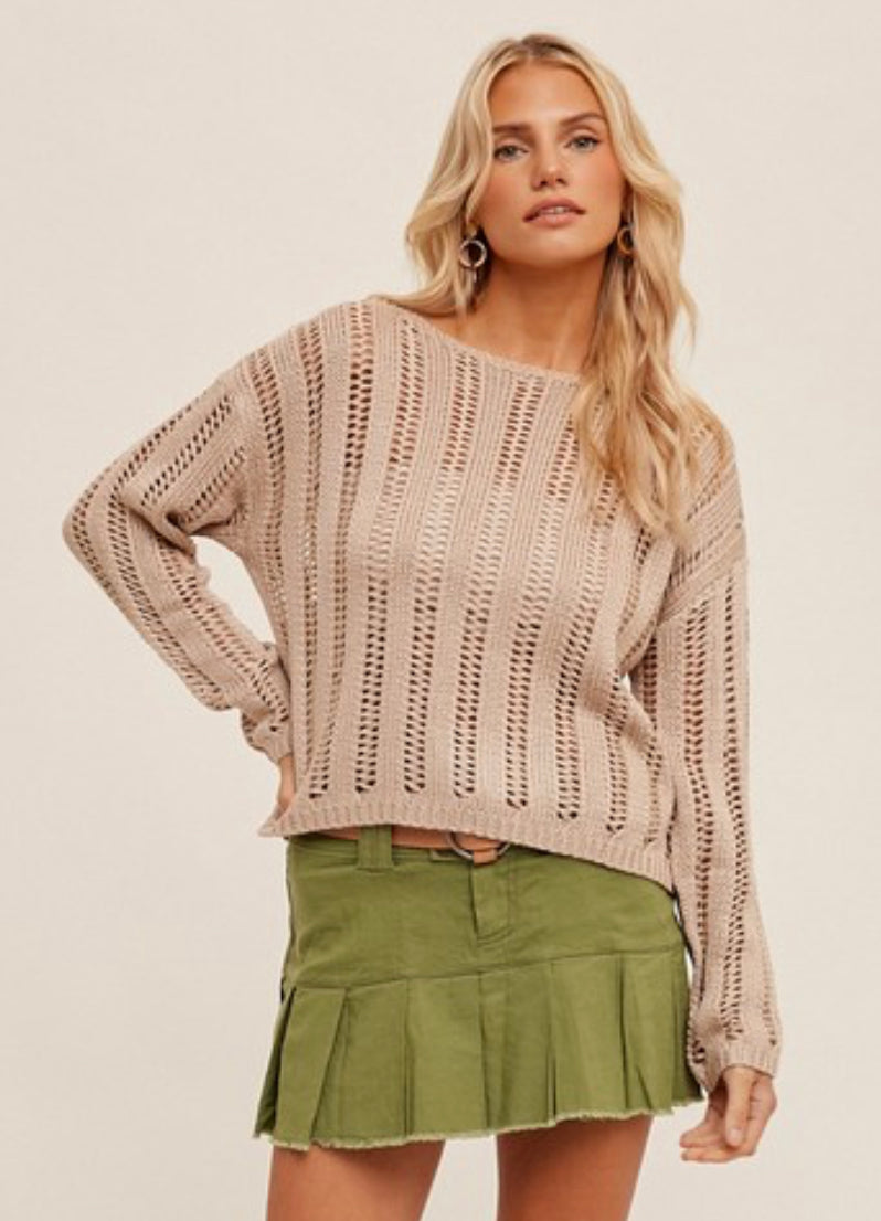 Taupe Crochet and Knit Sweater