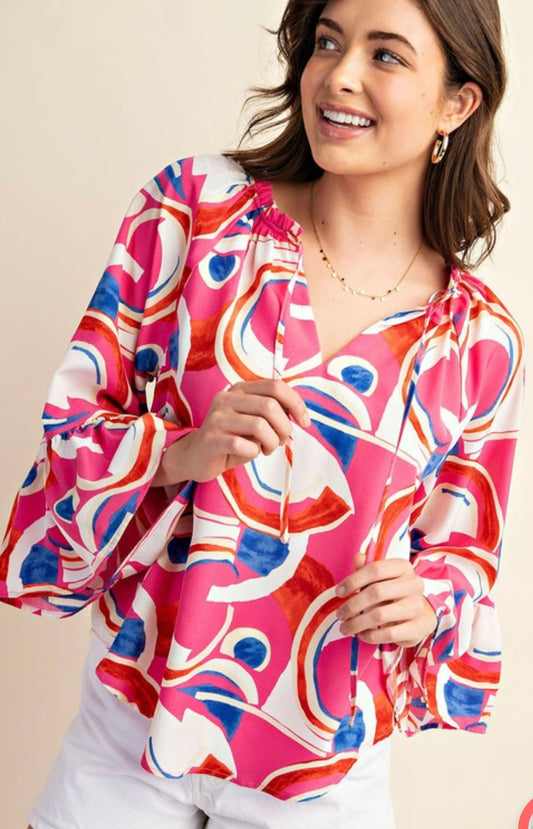 Bright Pink Print Tie Front Top