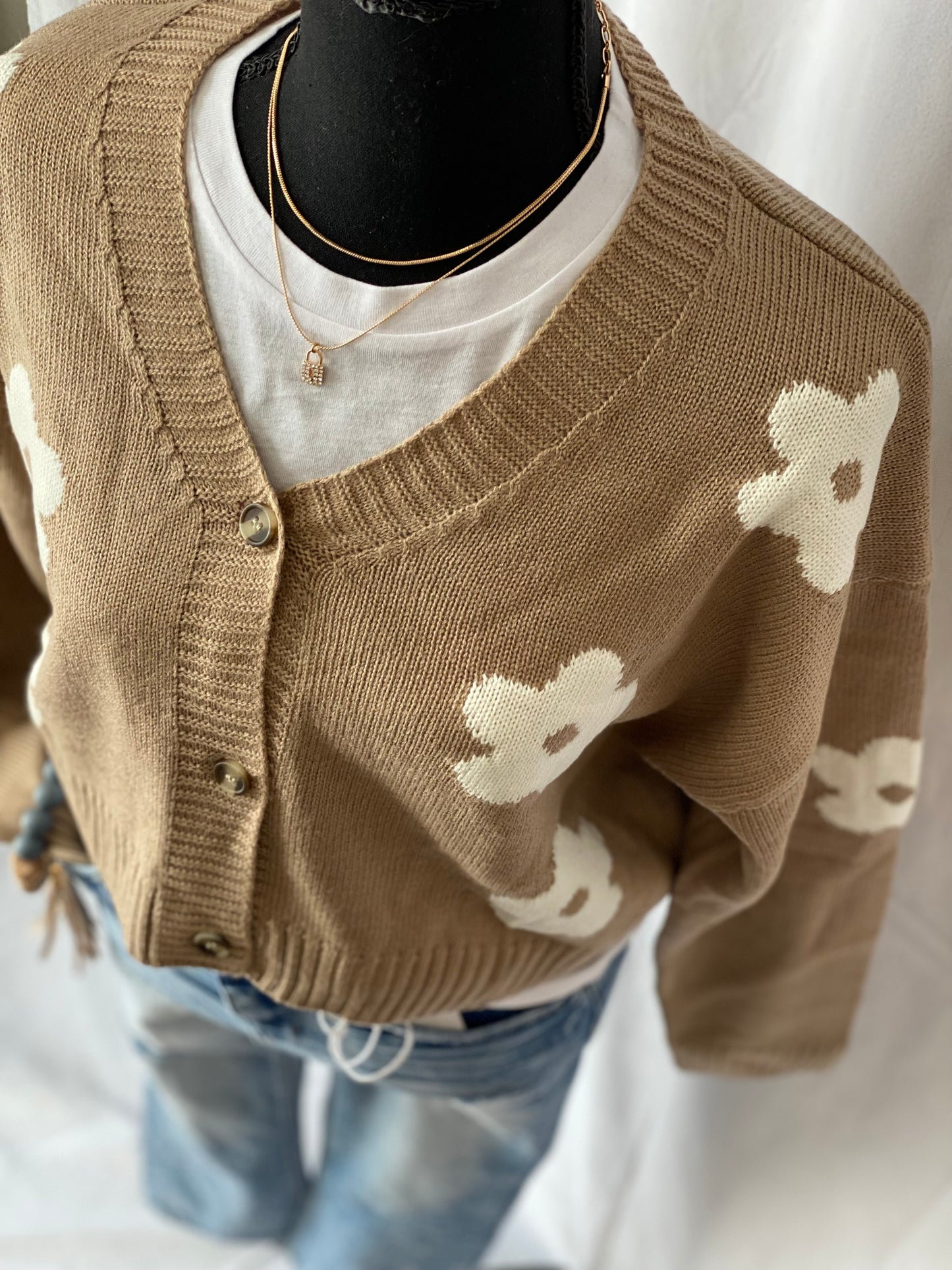 Long Sleeve Button Front Flower Detail Cardigan Sweater