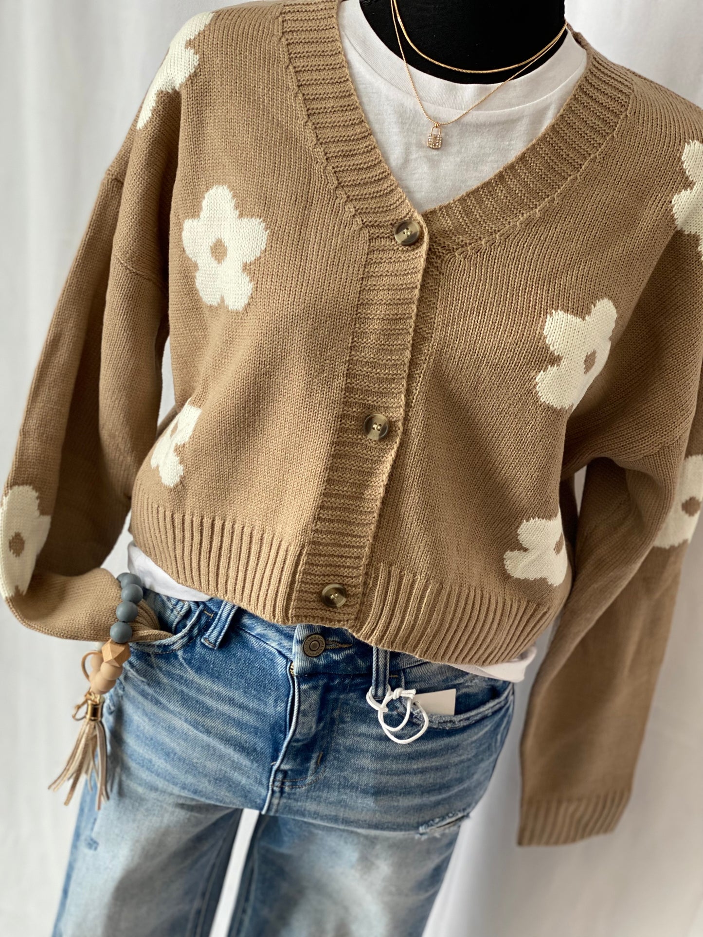 Long Sleeve Button Front Flower Detail Cardigan Sweater