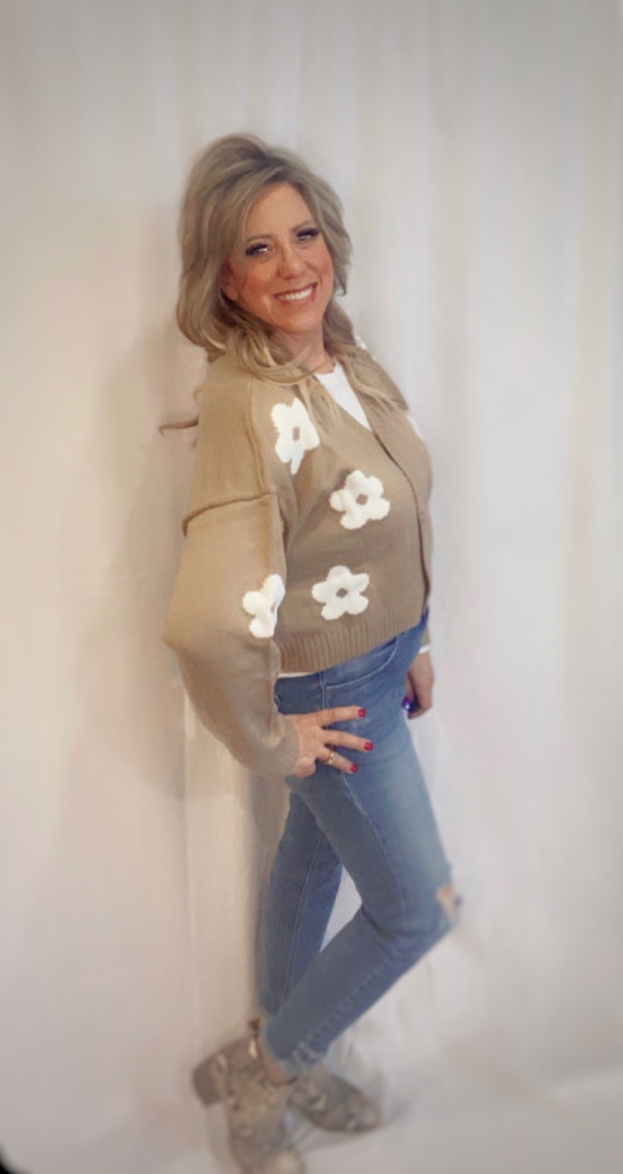 Long Sleeve Button Front Flower Detail Cardigan Sweater