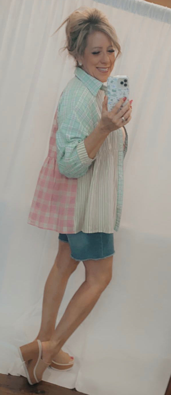 Pastel Plaid and Stripe Button Down Top