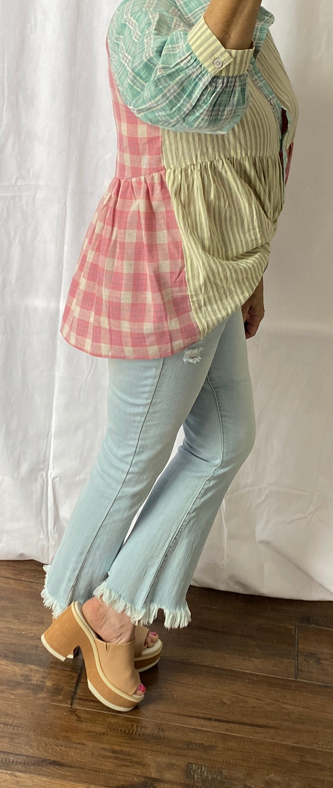 Pastel Plaid and Stripe Button Down Top