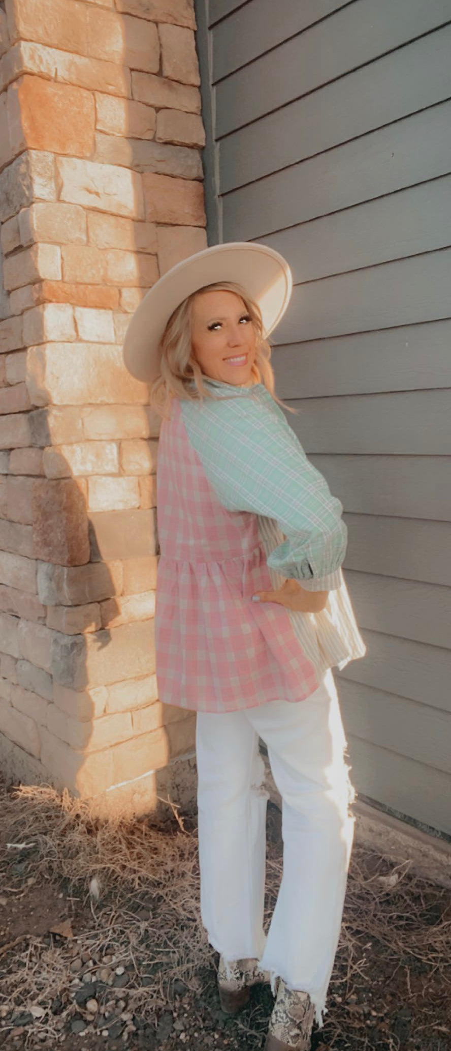 Pastel Plaid and Stripe Button Down Top