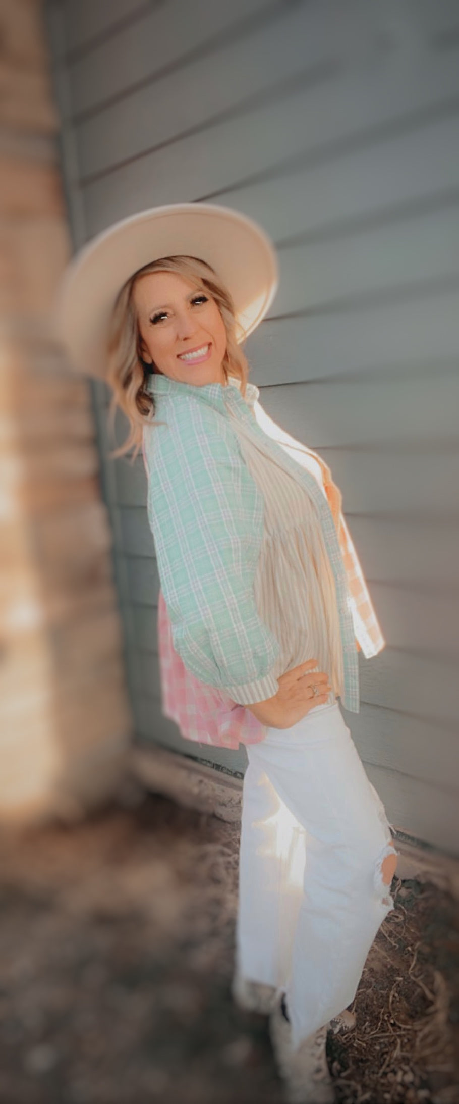 Pastel Plaid and Stripe Button Down Top