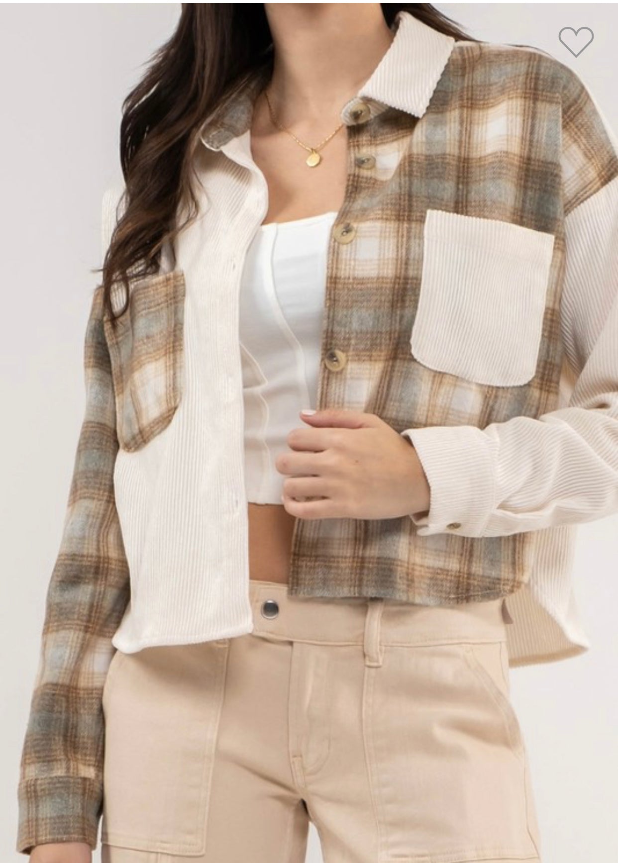 Cream Cropped Plaid and Corduroy Shacket